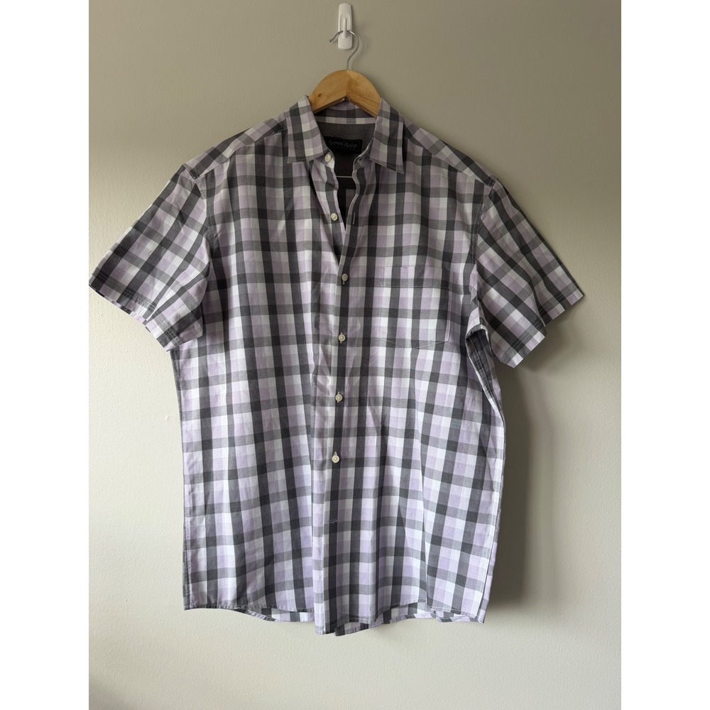 100%‎ Cotton Kenneth Roberts Platinum Mens Purple Grey Plaid Short Sleeve
